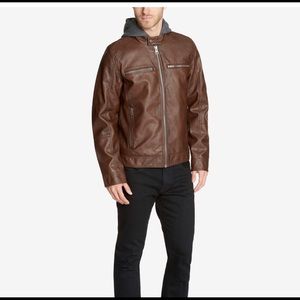 Guess- Faux-Leather Detachable-Hood Jacket